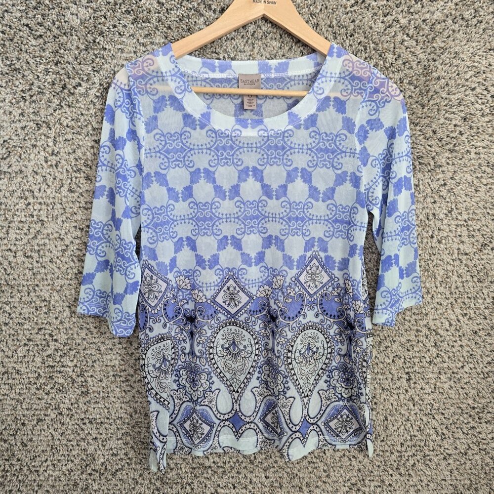 Chicos Easywear Top Womens 0 US Small Blue Mesh Sheer Floral Blouse Lightweight